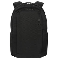 Mochila negra con logotipo de la marca sobre fondo blanco