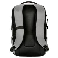 Back view of a gray and black backpack on a white background