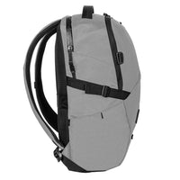 Gray backpack with black straps on a white background