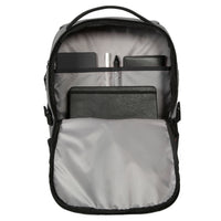 Black backpack with compartments on a white background