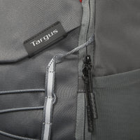 Gray backpack with Targus branding on a close-up of the zipper and fabric texture.