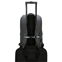 Gray backpack with wheels and a black suitcase below on a white background