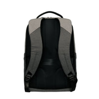 The back view of a gray and black backpack, showing the padded mesh backrest, shoulder straps, and top carry handle against a solid white background.
