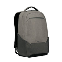 A grey and black heathered backpack with a top handle, shown from a three-quarter angle on a plain white background. The brand name 'Targus' is visible near the bottom front.