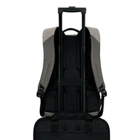 The back view of a black and gray rolling backpack with an extended black telescoping handle, shown on a solid white background.