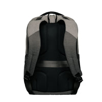 The back view of a gray and black backpack, showing the padded mesh backrest, shoulder straps, and top carry handle against a solid white background.