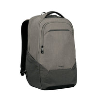 A gray and black Targus laptop backpack shown from a three-quarter angle on a solid white background.