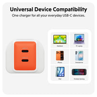 An orange and white USB-C fast charger shown on a light gray background with text reading 'Universal Device Compatibility' and a small compatibility grid listing devices such as MacBook, PC Laptop, iPhone, Smartphone, iPad, and Portable Gaming.