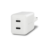 A white Hyper-branded dual USB-C wall charger with two USB-C ports on the front, shown on a clean white background.