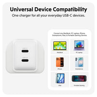 A white dual USB-C charger shown on a clean light gray background with marketing text reading 'Universal Device Compatibility' and a compatibility panel listing devices such as MacBook, PC Laptop, iPhone, Smartphone, iPad, and Portable Gaming devices.