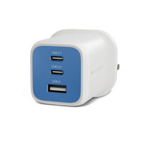 A white Hyper-branded 2-port USB charger with a blue front faceplate, featuring USB-C1, USB-C2, and USB-A ports, shown on a white background.