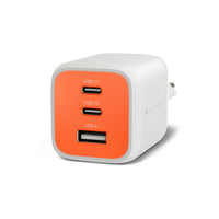 A white and orange Hyper-branded USB wall charger with three ports (two USB-C and one USB-A) on a clean white background.