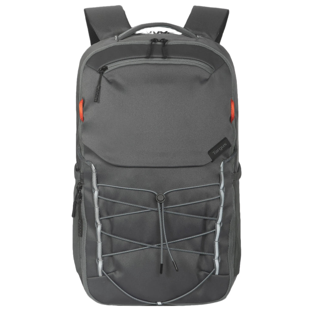 Mochila gris con logotipo de la marca visible sobre fondo blanco