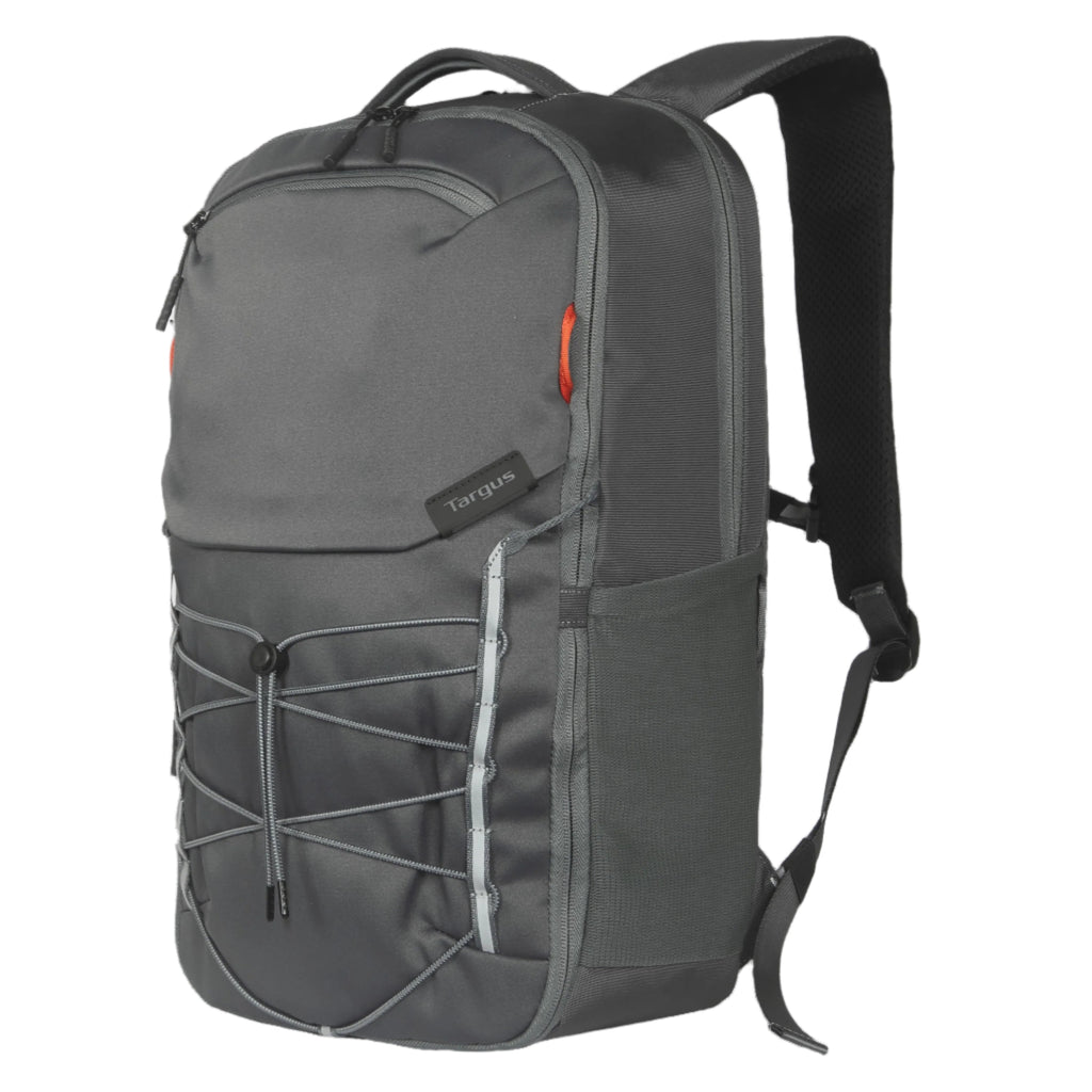 Mochila gris con logotipo de la marca visible sobre fondo blanco