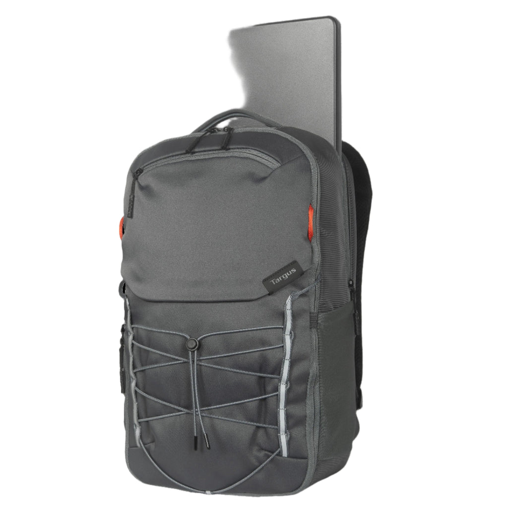 Mochila gris con compartimento para portátil sobre fondo blanco