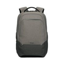 A gray and black Targus backpack shown from the front on a solid white background.