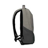 A gray and black backpack shown from a side profile view against a solid white background.