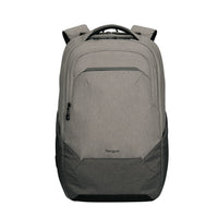 A gray and black Targus laptop backpack shown from the front on a solid white background.