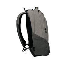 A gray and black backpack shown from a three-quarter side view against a plain white background.