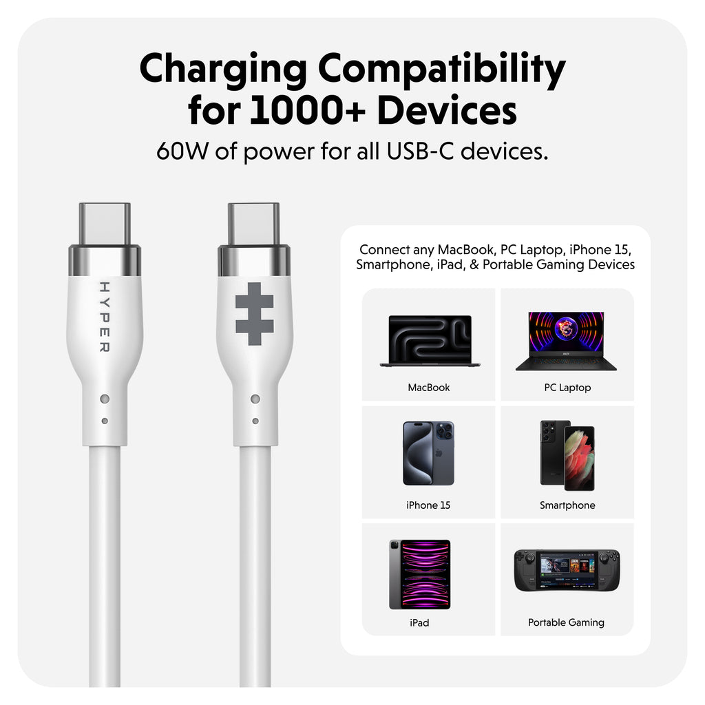 HyperJuice USB-C Silikon-Ladekabel (1.5m/5ft) - Weiß